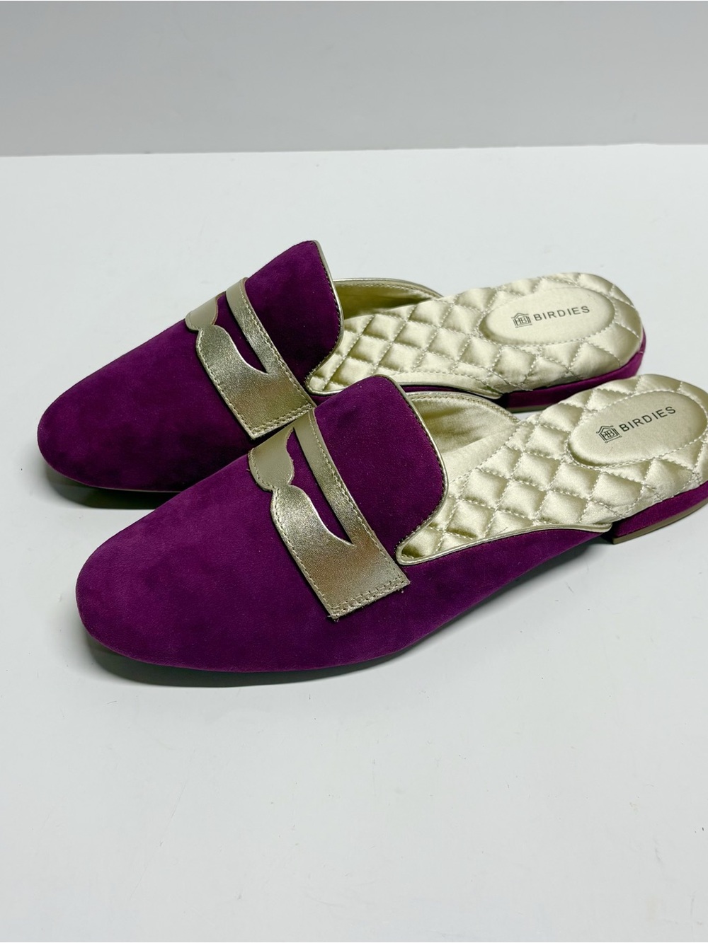 Birdies Fuchsia Suede Slip-On Mules with Metallic Gold Trim